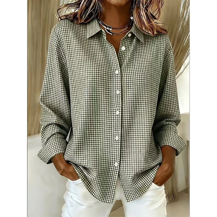 Women’s Relaxed Fit Gingham Button-Up Shirt – Casual Long Sleeve Collared Blouse