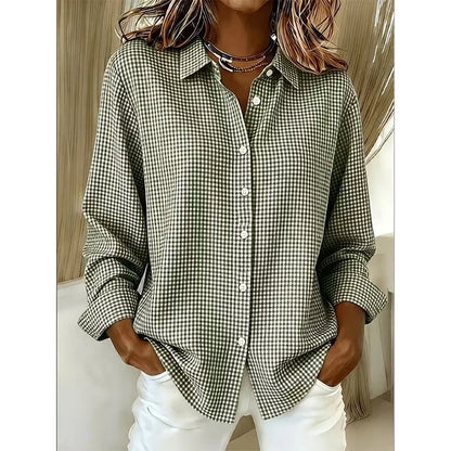 Women’s Relaxed Fit Gingham Button-Up Shirt – Casual Long Sleeve Collared Blouse