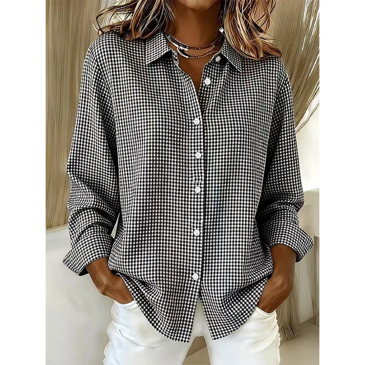 Women’s Relaxed Fit Gingham Button-Up Shirt – Casual Long Sleeve Collared Blouse