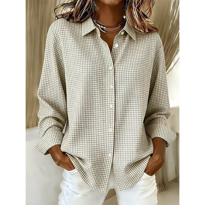 Women’s Relaxed Fit Gingham Button-Up Shirt – Casual Long Sleeve Collared Blouse