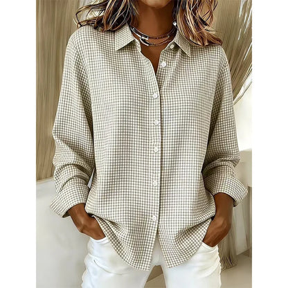 Women’s Relaxed Fit Gingham Button-Up Shirt – Casual Long Sleeve Collared Blouse