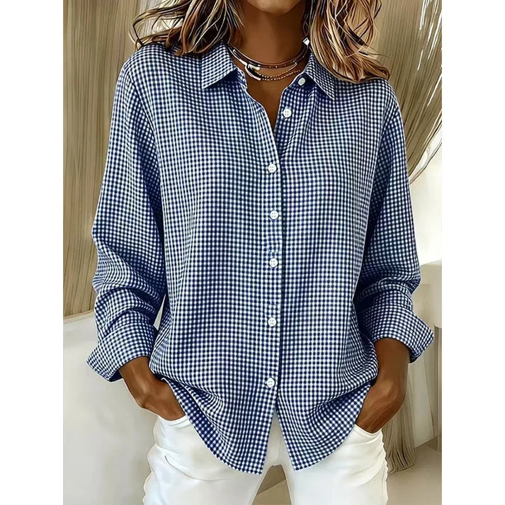 Women’s Relaxed Fit Gingham Button-Up Shirt – Casual Long Sleeve Collared Blouse