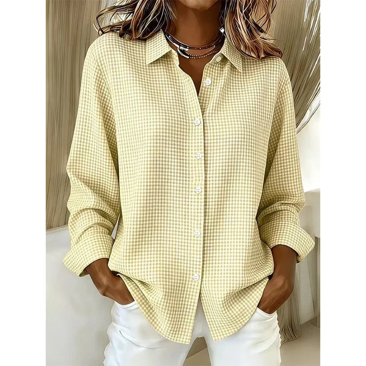 Women’s Relaxed Fit Gingham Button-Up Shirt – Casual Long Sleeve Collared Blouse