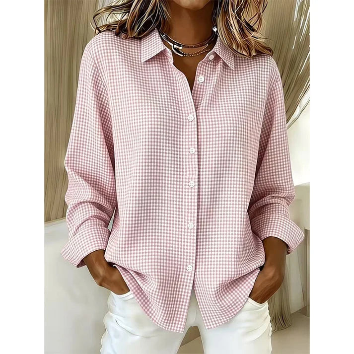 Women’s Relaxed Fit Gingham Button-Up Shirt – Casual Long Sleeve Collared Blouse