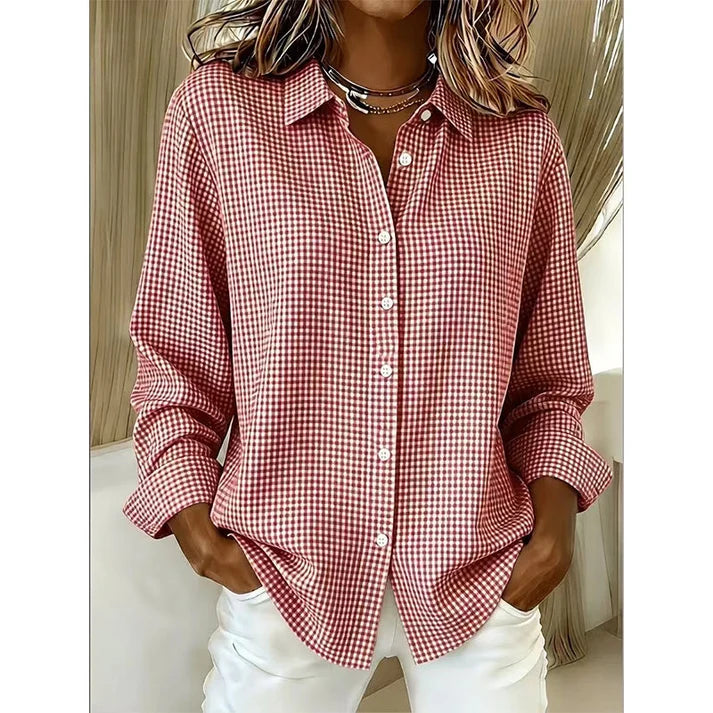 Women’s Relaxed Fit Gingham Button-Up Shirt – Casual Long Sleeve Collared Blouse