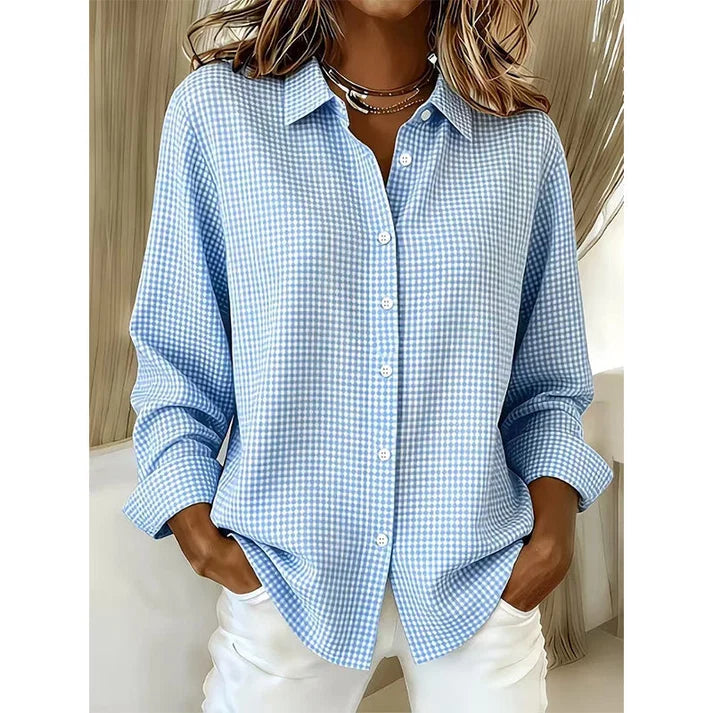 Women’s Relaxed Fit Gingham Button-Up Shirt – Casual Long Sleeve Collared Blouse