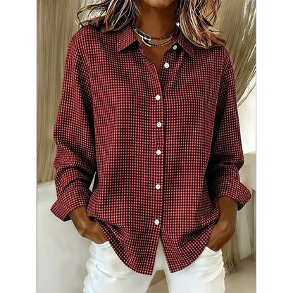 Women’s Relaxed Fit Gingham Button-Up Shirt – Casual Long Sleeve Collared Blouse