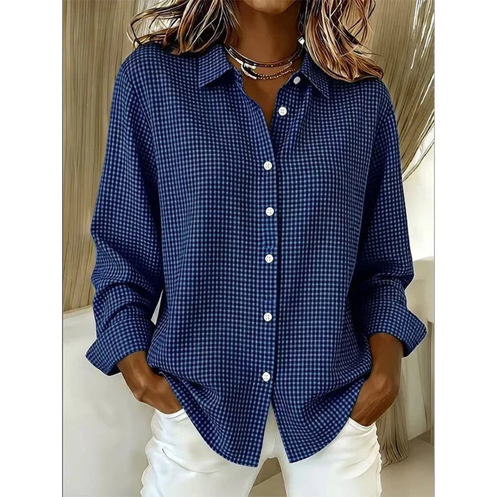 Women’s Relaxed Fit Gingham Button-Up Shirt – Casual Long Sleeve Collared Blouse