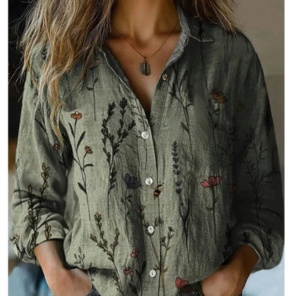 Women's Vintage Print Button Down Shirt – Casual Long Sleeve Relaxed Fit Blouse