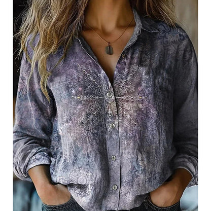 Women's Vintage Print Button Down Shirt – Casual Long Sleeve Relaxed Fit Blouse