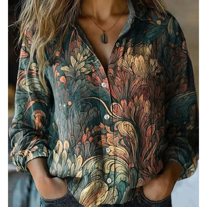 Women's Vintage Print Button Down Shirt – Casual Long Sleeve Relaxed Fit Blouse