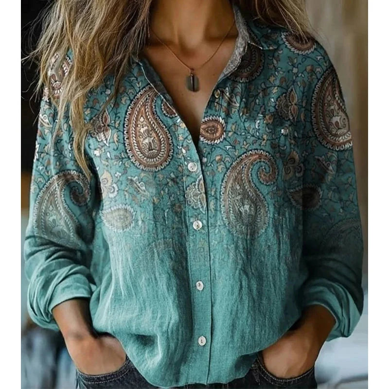 Women's Vintage Print Button Down Shirt – Casual Long Sleeve Relaxed Fit Blouse