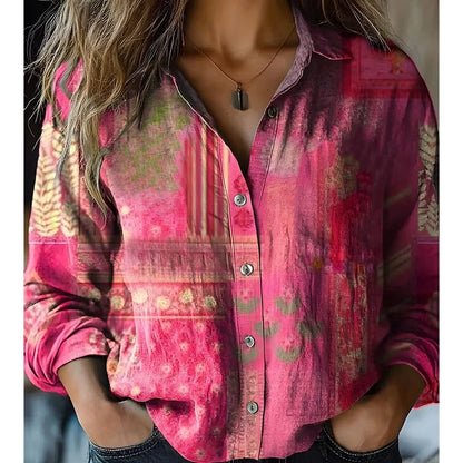 Women's Vintage Print Button Down Shirt – Casual Long Sleeve Relaxed Fit Blouse
