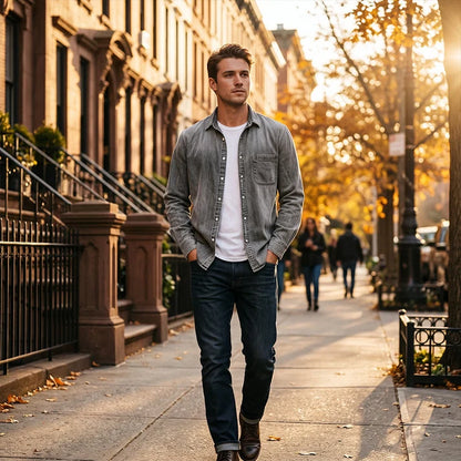 Men's Vintage Washed Denim Button-Down Shirt – Classic Casual Long Sleeve