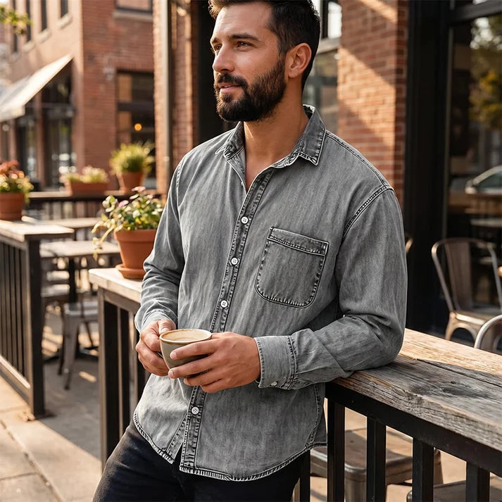 Men's Vintage Washed Denim Button-Down Shirt – Classic Casual Long Sleeve