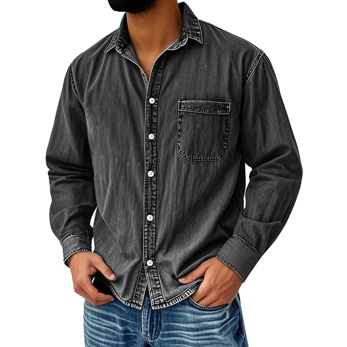 Men's Vintage Washed Denim Button-Down Shirt – Classic Casual Long Sleeve