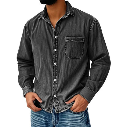 Men's Vintage Washed Denim Button-Down Shirt – Classic Casual Long Sleeve