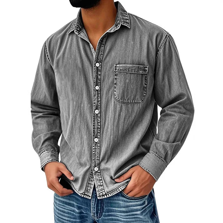 Men's Vintage Washed Denim Button-Down Shirt – Classic Casual Long Sleeve