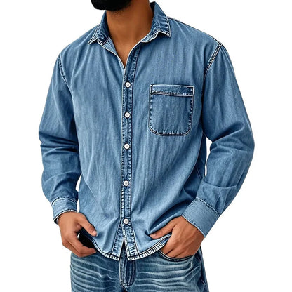 Men's Vintage Washed Denim Button-Down Shirt – Classic Casual Long Sleeve