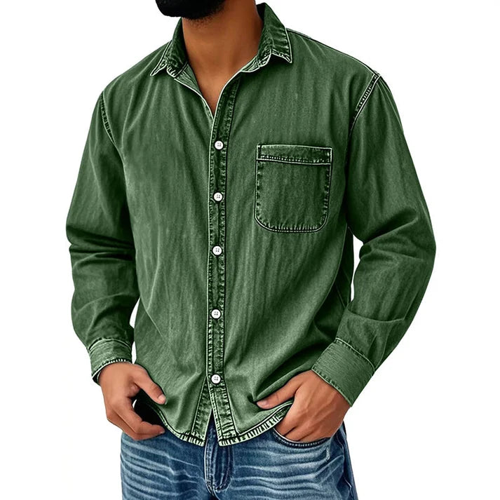 Men's Vintage Washed Denim Button-Down Shirt – Classic Casual Long Sleeve