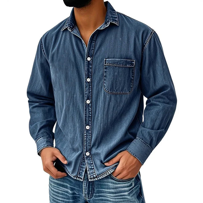 Men's Vintage Washed Denim Button-Down Shirt – Classic Casual Long Sleeve