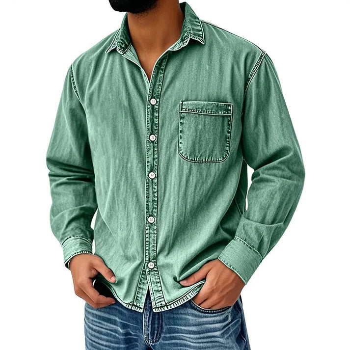 Men's Vintage Washed Denim Button-Down Shirt – Classic Casual Long Sleeve