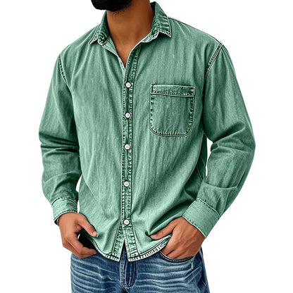 Men's Vintage Washed Denim Button-Down Shirt – Classic Casual Long Sleeve