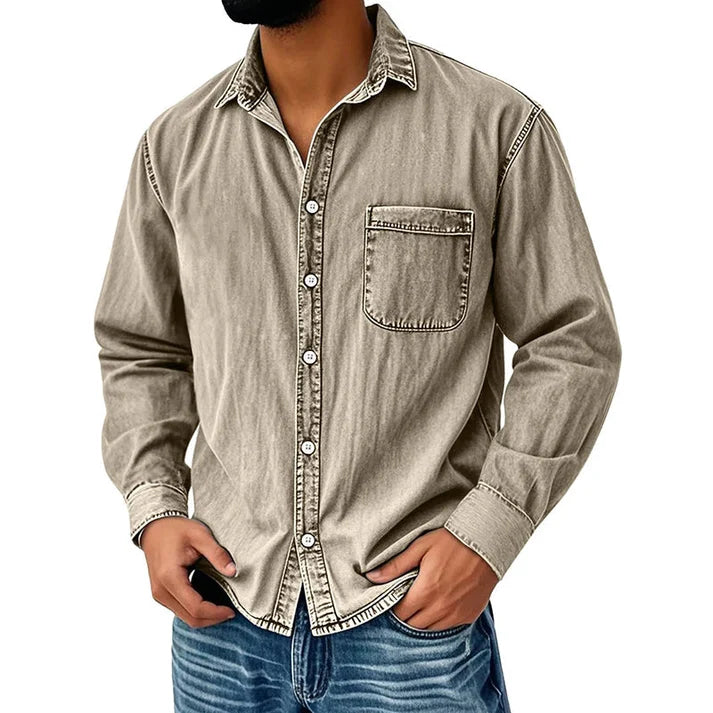 Men's Vintage Washed Denim Button-Down Shirt – Classic Casual Long Sleeve