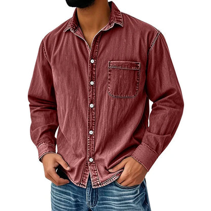 Men's Vintage Washed Denim Button-Down Shirt – Classic Casual Long Sleeve