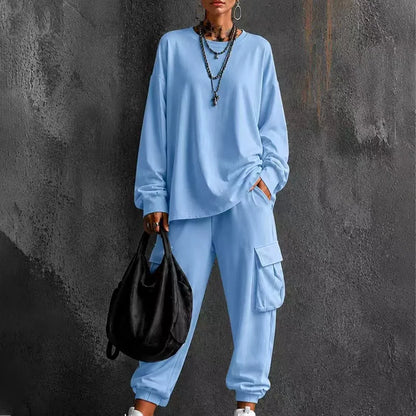 Women's Casual Crew Neck Top & Cargo Pants Set