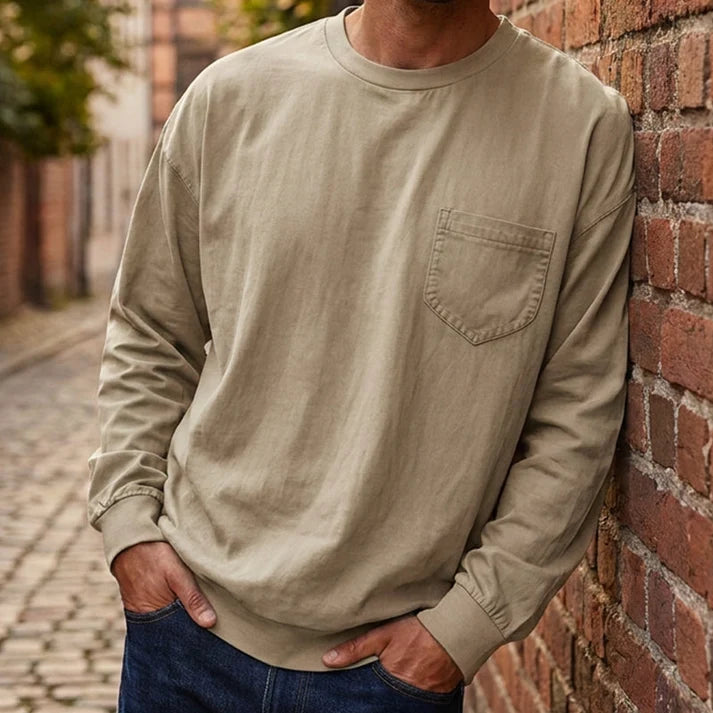 Men's Loose Fit Long Sleeve Pocket T-Shirt – Soft Cotton Blend Casual Tee for Everyday Wear