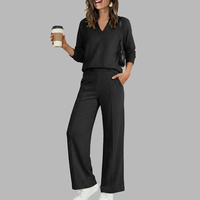 🎉 2 Pieces, Endless Possibilities | Women's V-Neck Top & Wide-Leg Pants Set