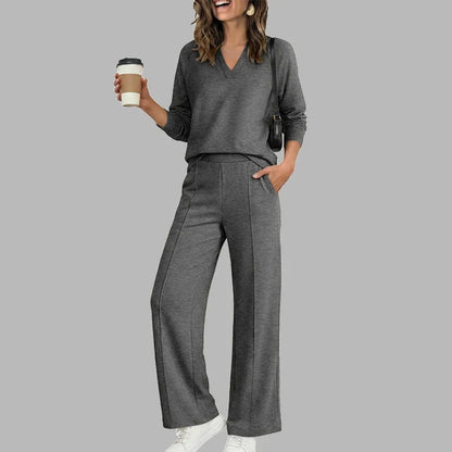 🎉 2 Pieces, Endless Possibilities | Women's V-Neck Top & Wide-Leg Pants Set