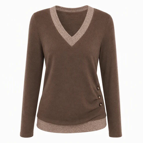 Women's Casual V-Neck Long Sleeve Knit Top with Side Button Detail