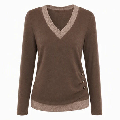 Women's Casual V-Neck Long Sleeve Knit Top with Side Button Detail