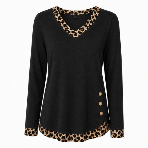 Women's Casual V-Neck Long Sleeve Knit Top with Side Button Detail
